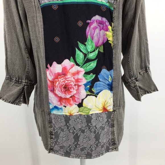 Avanie Blouse Womens Small Gray Feeling Flirty Combo Floral Denim‎ Lace Boho - Picture 7 of 14